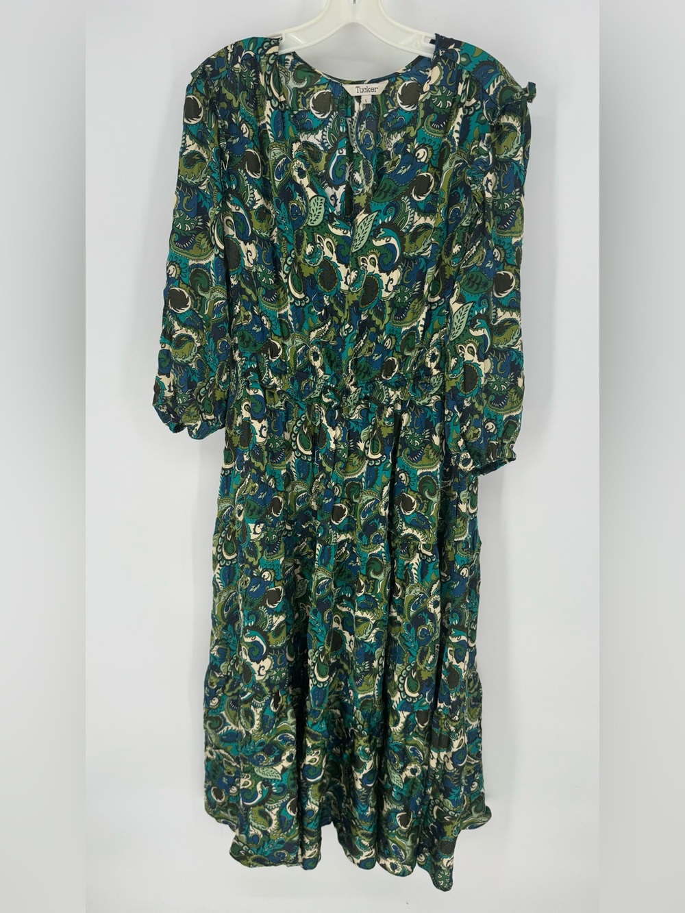 Tucker silk whimsy Boho bohemian Teal Paisley Long Sleeve Maxi Dress large